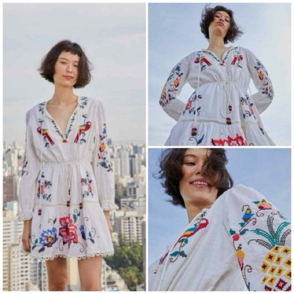 macaw cross stitch embroidered mini dress Farm Rio Stitch Embroidered Mini Dress - Macaw Cross/Off White
